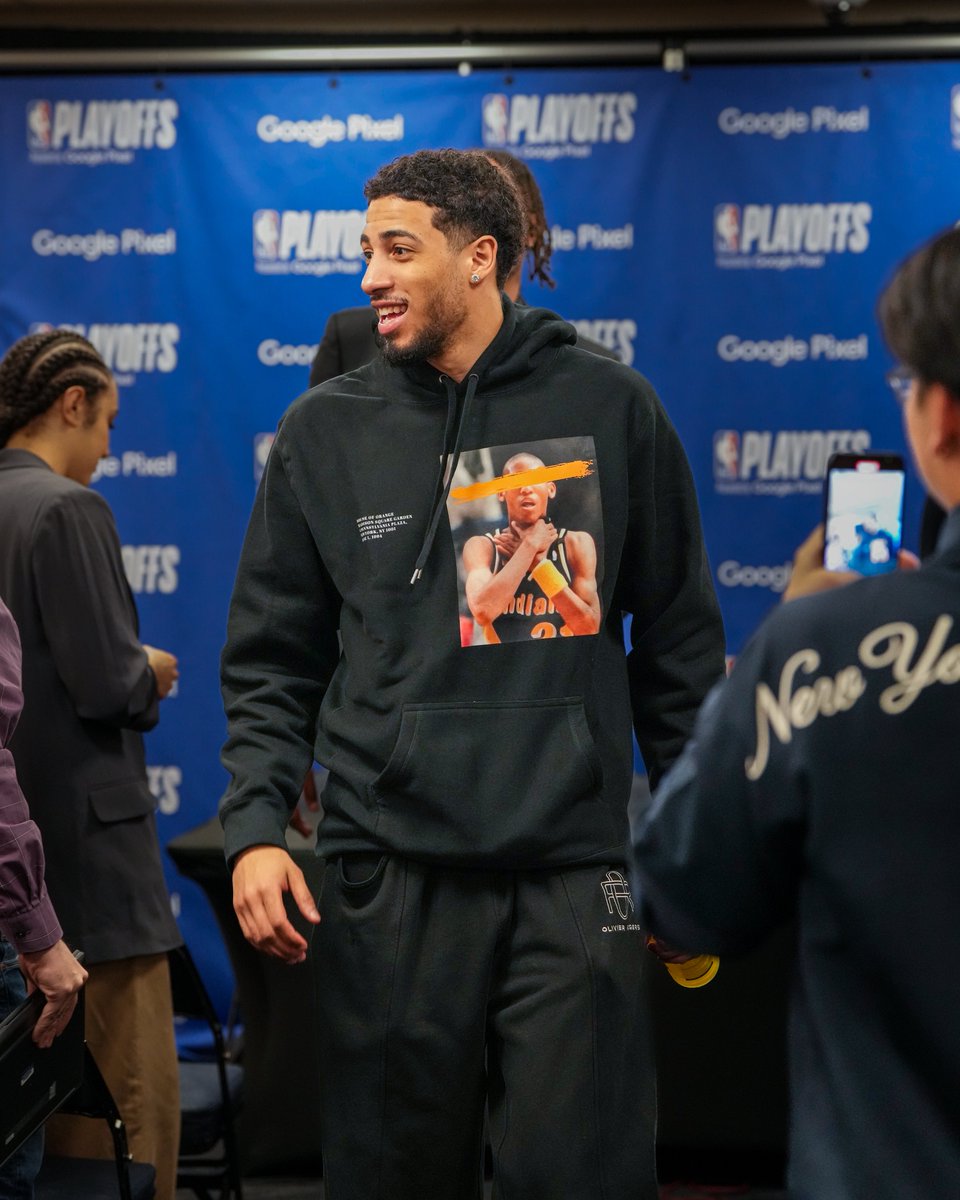 Tyrese Haliburton in a Reggie Miller sweatshirt after winning Game 7 at the Garden 😈