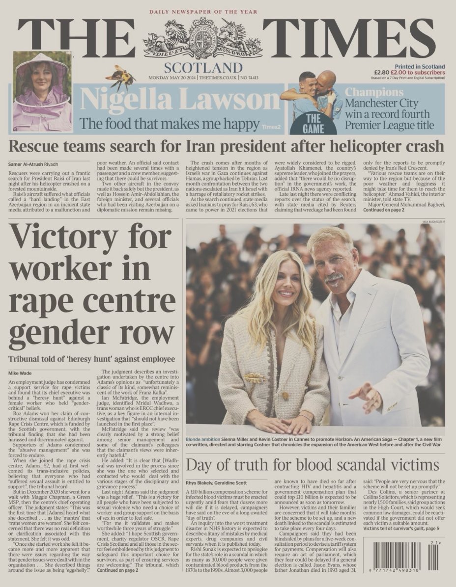 Two front pages on Mon 20th May.. @timesscotland showing transgender ideology's unfairness yet again defeated in court.. @thetimes in England showing @UKLabour hasn't quite caught up.. Our party urgently needs to review its outdated proposals for making obtaining GRCs even easier