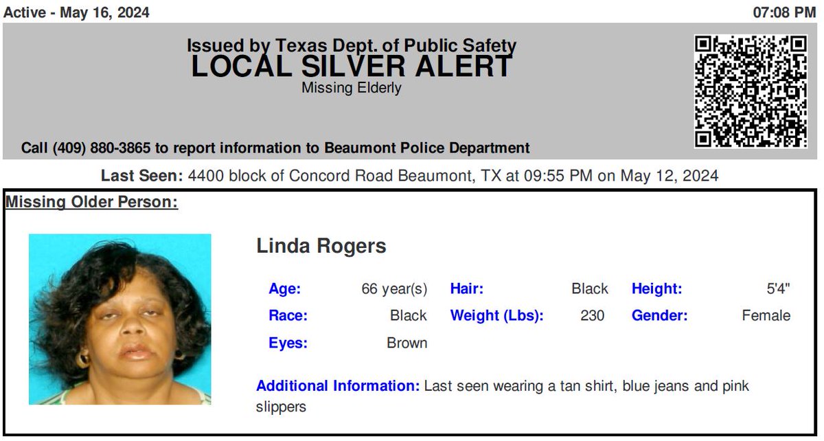 ACTIVE SILVER ALERT CONTINUES: originally issued on 5/16/2024 for Linda Rogers from Beaumont, TX