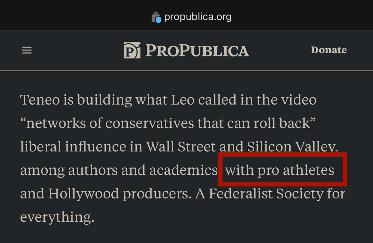 Last year, leaked recordings from Teneo revealed Leonard Leo building “networks of conservatives that can roll back” what he sees as liberal influence in society - including pro athletes. ProPublica called it a “Federalist Society for everything,” Butker works w/ Leo’s groups: