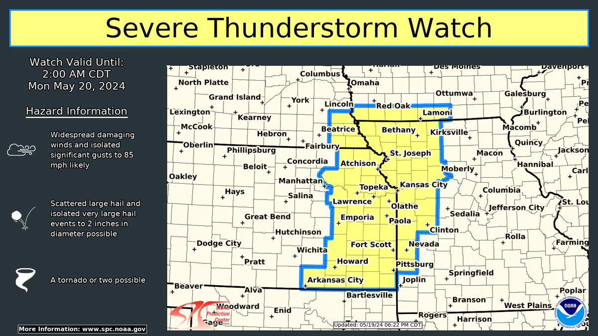 A severe thunderstorm watch has been issued for eastern Kansas, far southeast Nebraska, far southwest Iowa, and western Missouri until 2 AM CDT. Significant wind gusts up to 85 mph and very large hail up to 2 inches in diameter will be the primary hazards. #KSwx #MOwx #NEwx #IAwx