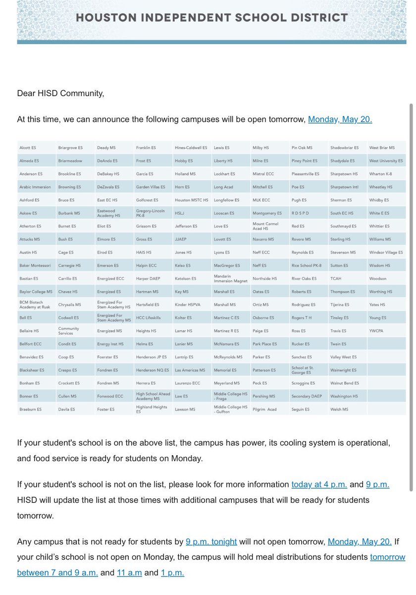 Attention parents of <a href="/AustinMustangs/">AustinMustangsHISD</a> we will be open tomorrow 5.20.24 and will be ready to receive students. Regular hours- 7:40am-3:30pm.
Atención padres de <a href="/AustinMustangs/">AustinMustangsHISD</a> nuestra escuela estará abierta mañana 5.20.24 horas regulares 7:40am-3:30pm.
