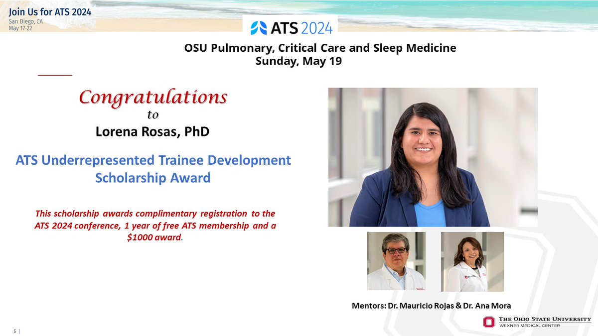 Congratulations to Dr. Lorena Rosas! Dr. Rosas won the #ATS Underrepresented Trainee Development Scholarship Award. The scholarship awards complimentary registration to #ATS2024, 1 year of free ATS membership and $1000 award.  <a href="/OhioStateMed/">The Ohio State University College of Medicine</a> <a href="/OSUPCCM_Fellows/">Ohio State Pulmonary Critical Care Fellowship</a> <a href="/OSUWexMed/">The Ohio State University Wexner Medical Center</a>