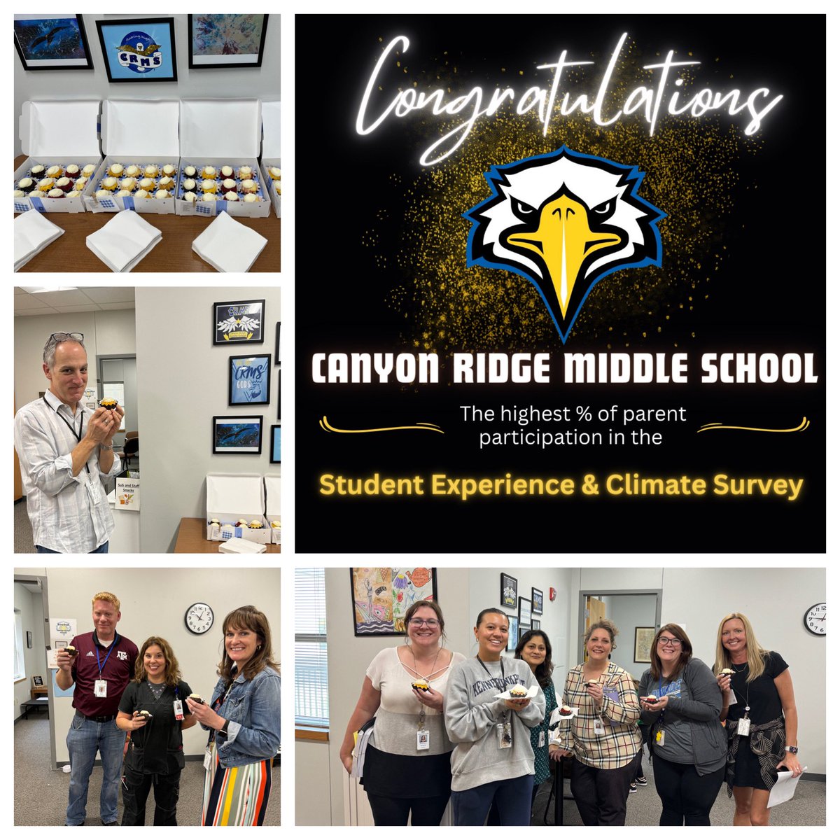 Thank you CRMS community - we had the HIGHEST campus percentage of survey responses & it earned our faculty an amazing treat! Thank you @LEEF_TX and @LeanderISD SCR team for partnering with Nothing Bundt Cakes for the sweet surprise! #SoaringTogether💙🦅💛