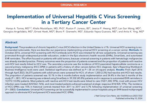 Is Universal #HepC Screening Feasible in Cancer Centers? Check out our recent study @MDAndersonNews @NCCN @IDSAInfo @HHS_ViralHep @ESCMID @myESMO @EORTC @EuropeLiver @EuropeanCancer @cdchep @ASH_hematology @EASLnews @AASLDtweets @ASCOPost @JNCCN doi.org/10.6004/jnccn.…
