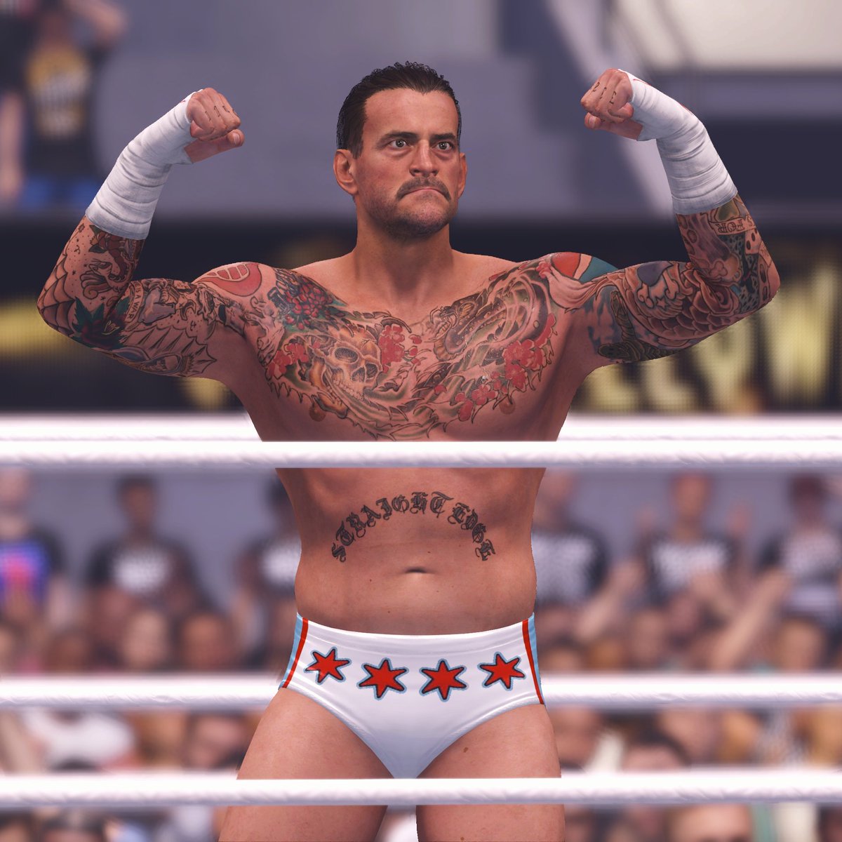 I played around just a little bit with a modded CM Punk by @WittyWitterson (all I did was add his hair back in CAS and dyed his stubble) and got this clean af mustached Punk! Don't ask - I am not uploading this, it's not mine, it's just for my own personal use ✌ #WWE2K24