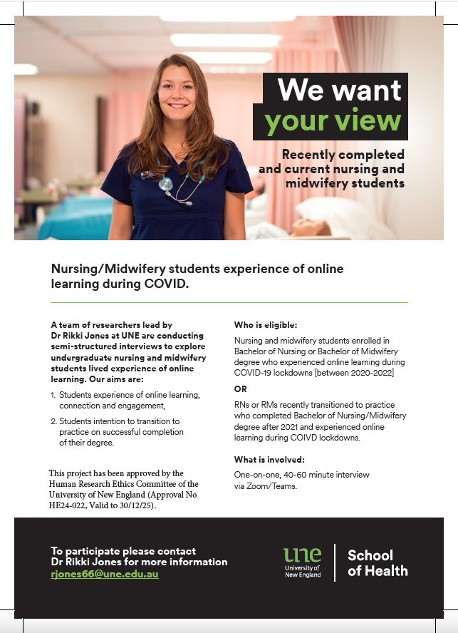 As part of a series of research projects being led by UNE, we are exploring undergraduate nursing/midwifery students lived experience of learning online and connection & transition to practice. We are looking for recently completed or current students. rjones66@une.edu.au