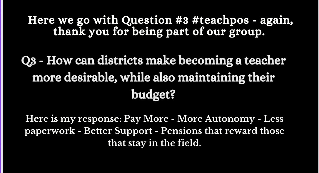 I’ll quickly add that teaching should be paid at comparable levels to other service fields. Doctors - Nurses - Psychologists - we are all professionals. Here is Q3 #teachpos