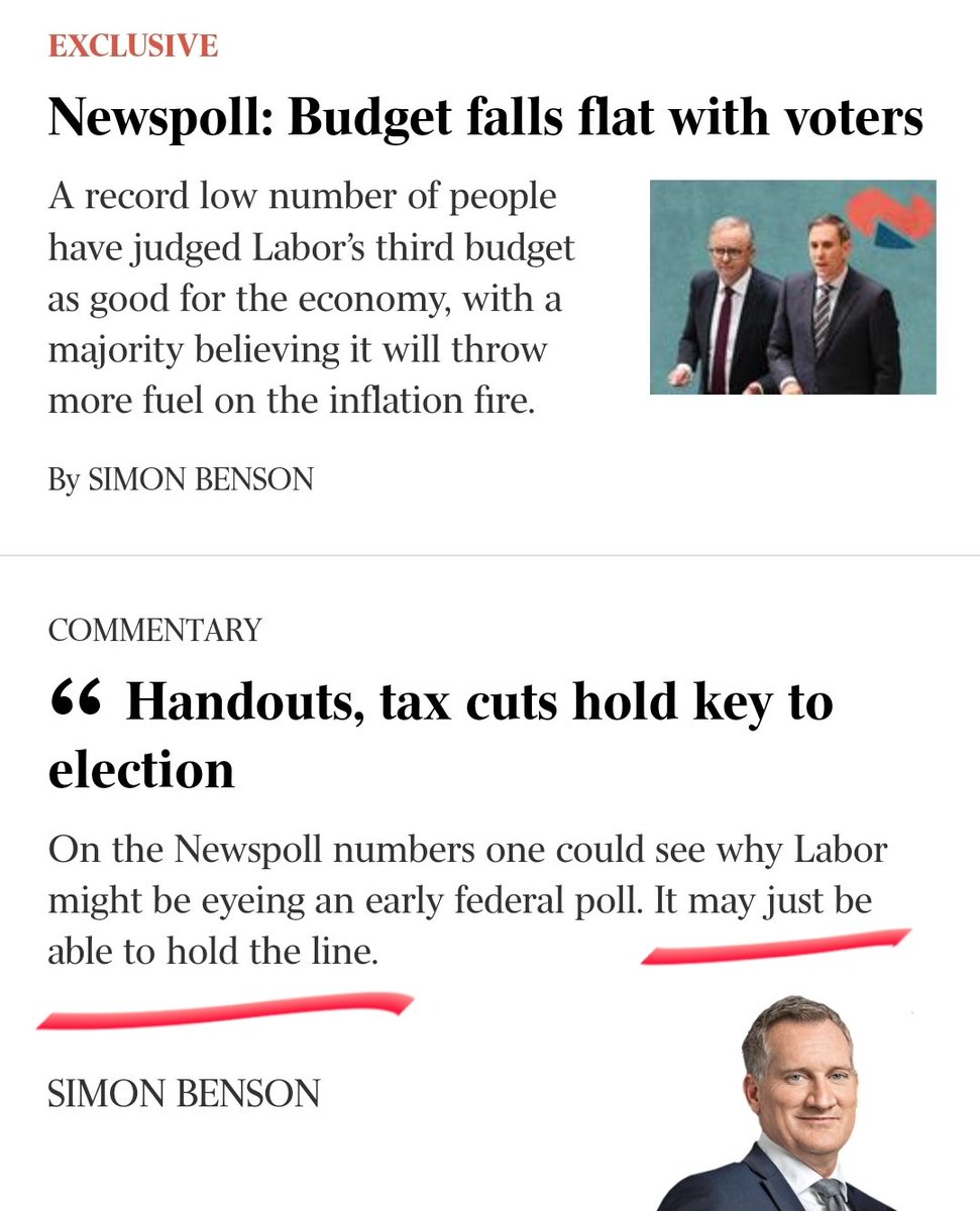 Newspoll: 
🔴 Labor 52 (+1)
🔵 L-NP 48 (-1) 2PP
Basically the same result as 2022 election. Hard to make a silk purse out of that, right Simon Benson? 

Wrong: