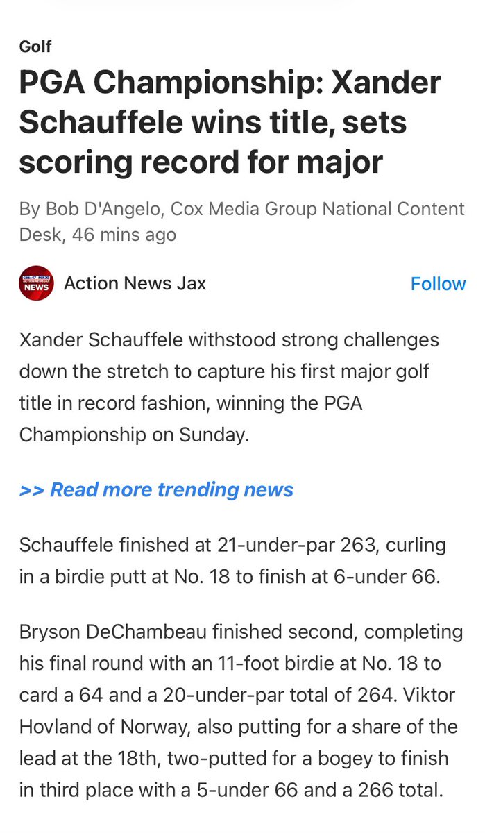 Xander Schauffele wins PGA Championship and sets major record at 21 under par. Dude also looks like Rory Mcilroy and Tiger Woods had a baby .. Just saying Sz