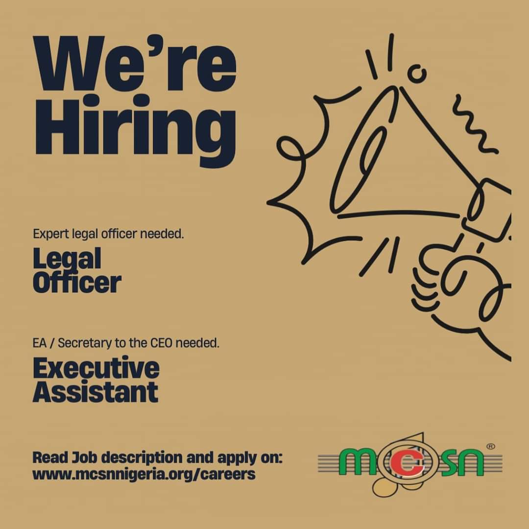 Hiring

 To fill the following roles within the organization: 

1. Legal Officer. 
2. Executive assistant / secretary to the DG/ CEO. 

Read full job descriptions and apply via: 
Mcsnnigeria.org/careers

CC
@Omojuwa 
@Mr_JAGs 
@OgbeniDipo
@mrlurvy 
#Elegbeje