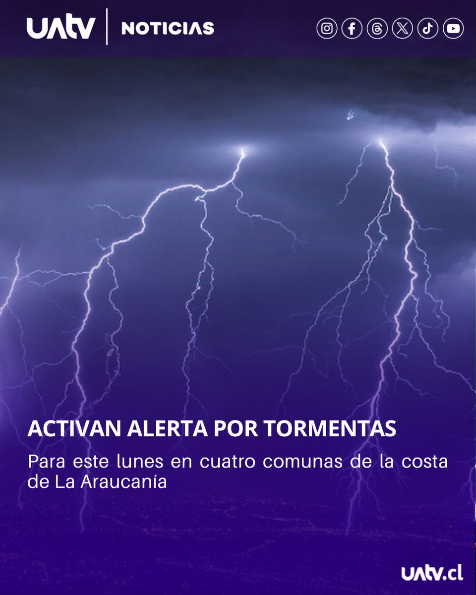 Declaran Alerta Temprana Preventiva por probables tormentas eléctricas en las comunas de Carahue, Toltén, Teodoro Schmidt y Saavedra este lunes