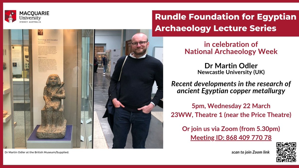It's National Archaeology Week @archaeologyweek! Come in person or on-line to hear Dr Martin Odler (U Newcastle, UK) on ancient #Egyptian metallurgy Wed 22 May, refreshments at 5, lecture commences 5.30 pm Sydney time #egypt #archaeology Details mq.edu.au/research/resea…