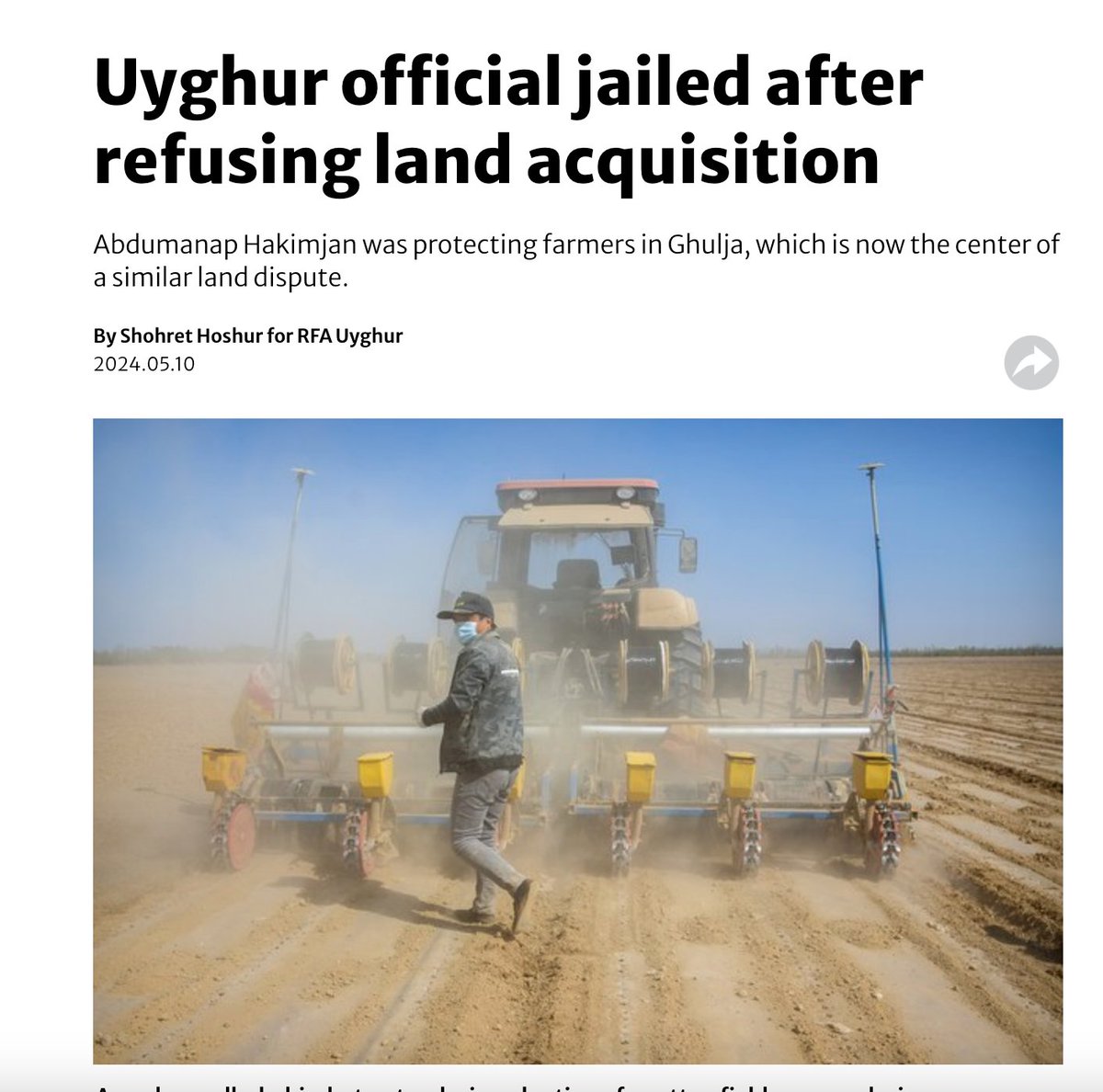 Two land grab stories point to a key part of the ongoing atrocities in Uyghur homelands: Uyghurs refusing to hand over land to Han developers or corporations are placed in detention. rfa.org/english/news/u… rfa.org/english/news/u…