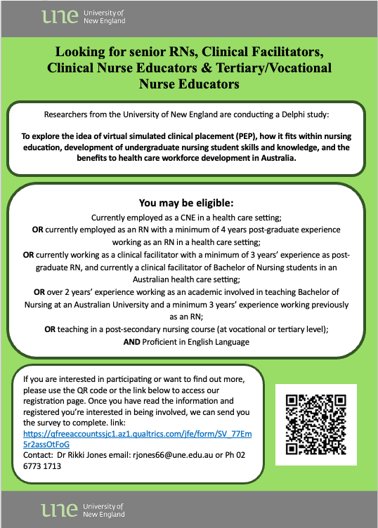As part of a series of research projects led by UNE, we are exploring the notion of virtual simulated clinical placement (VS-PEP) as a means to support students readiness of clinical placement and assist with skill acquisition. email more details rjones66@une.edu.au