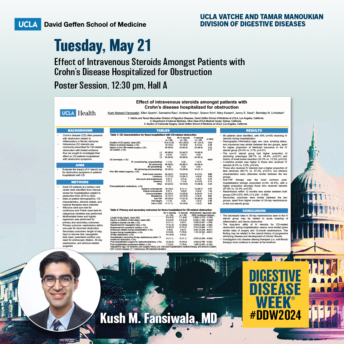 #DDW2024 Poster on Tuesday, May 21!

Effect of Intravenous Steroids Amongst Patients w/ #Crohn’s Disease Hospitalized for Obstruction

👤 <a href="/KushFansiwalaMD/">Kush Fansiwala, MD</a> (<a href="/uclaimchiefs/">UCLA Internal Medicine Chief Residents</a>)
👥Ellen J. Spartz Sowon Kim Andrew Richard Roney Sameeha Rau Jenny S. Sauk <a href="/berkeleydoc/">Berkeley Limketkai</a>
⏰12:30 pm, Hall A