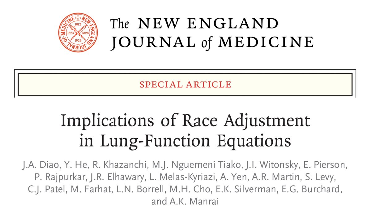 🧵 1/ What’s at stake with race-based equations for lung function? Clinical, occupational, and financial reclassifications for millions of patients. I’m delighted to share this labor of love, published today in @NEJM and unveiled at #ATS2024. nejm.org/doi/full/10.10…