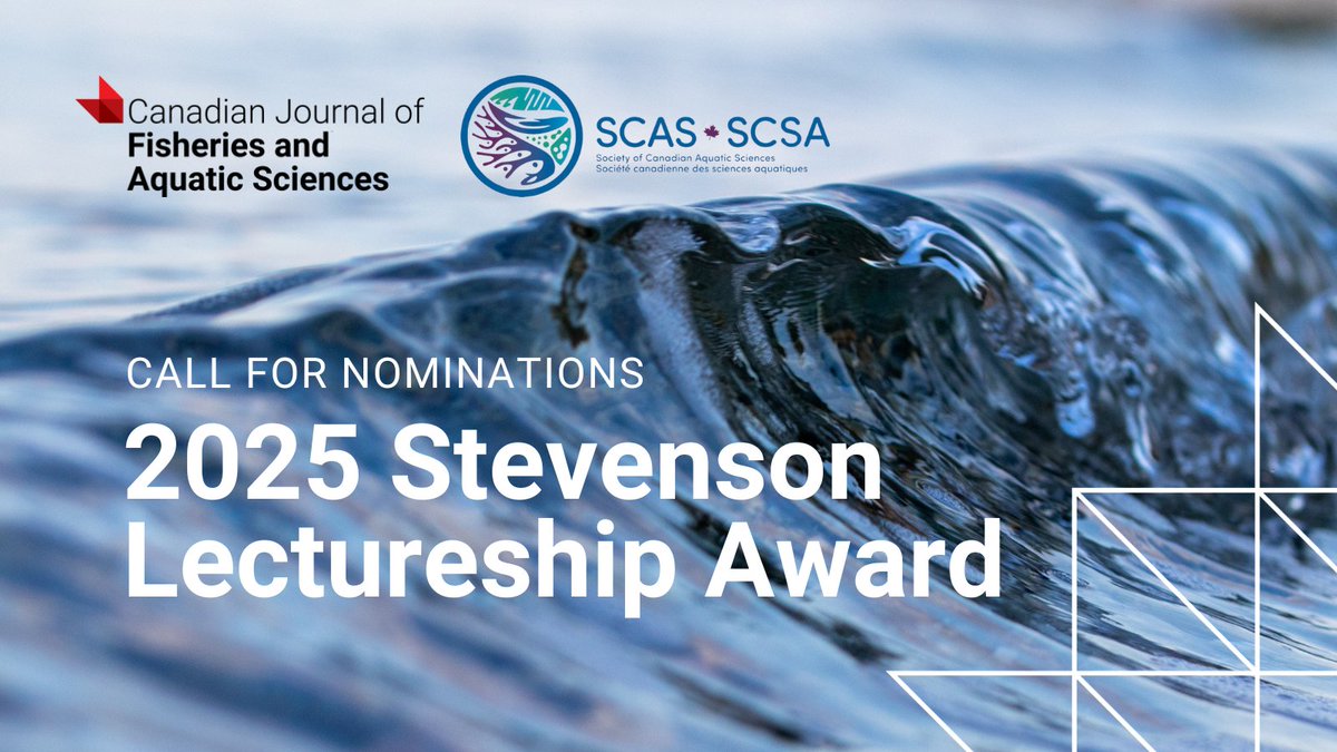 Know an early-career researcher doing creative work at the forefront of fisheries or aquatic sciences? Nominate them for the Stevenson Lectureship Award! Info on the award, eligibility, and nomination process ➡️ ow.ly/h4r850RbJAt Sponsored by @cdnsciencepub & @scas_scsa