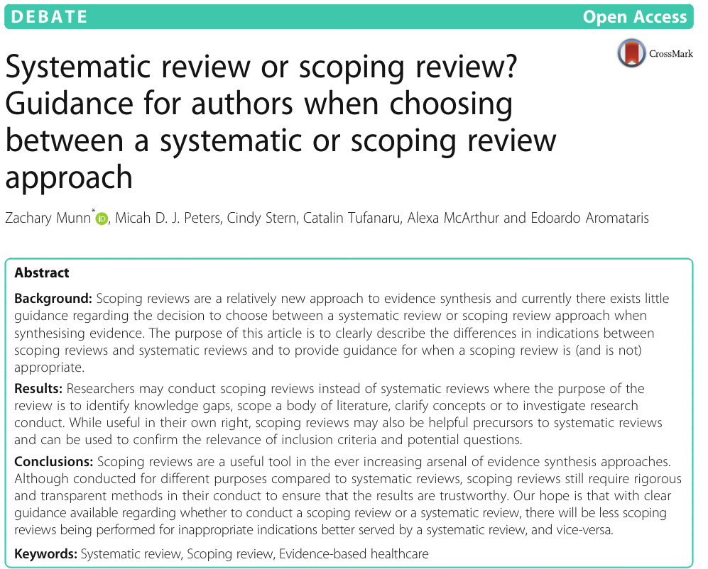 Not sure whether to do a systematic review or scoping review? Check out this useful guide: link.springer.com/article/10.118…