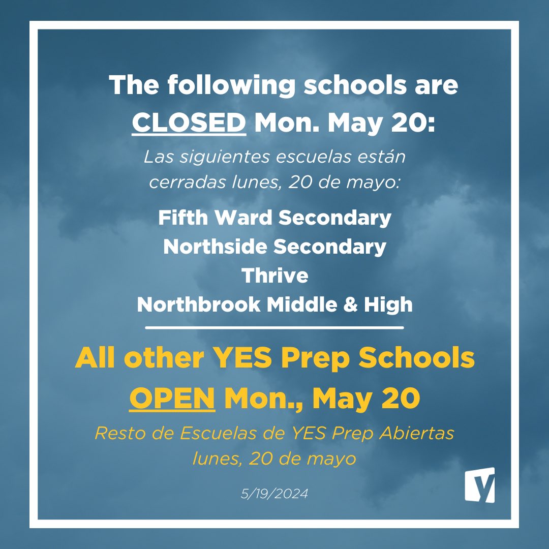 All schools, except those listed below, will be open Mon, May 20. For more info, click on link. #HouNews. // Todas las escuelas, excepto las mencionadas, abrirán lunes 20 de mayo. Más info: bit.ly/YPDerechoUpdate