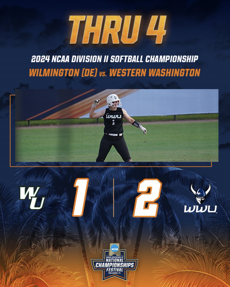 .@WWU_Softball leads 2-1 over @WilmUAthletics through 4. Maleah Andrews and Hailey Rath led the charge for the Vikings with an RBI apiece! #D2SB | #D2Festival