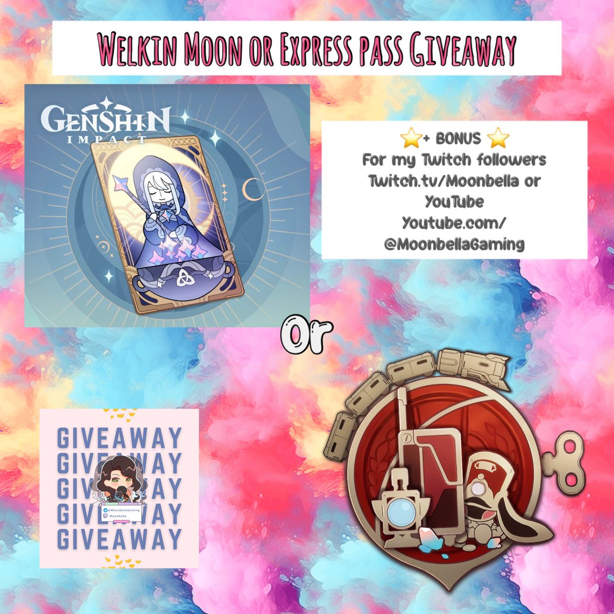 💗GIVEAWAY💗 Blessing of the Welkin Moon or Express Supply Pass 🌸Re Tweet, Like & Follow🌸 Winner announced Friday 24th AEST BONUS: If you Win and follow my Twitch or YouTube Choose an extra Welkin or Express pass Twitch.tv/Moonbella YouTube.com/@MoonbellaGami…