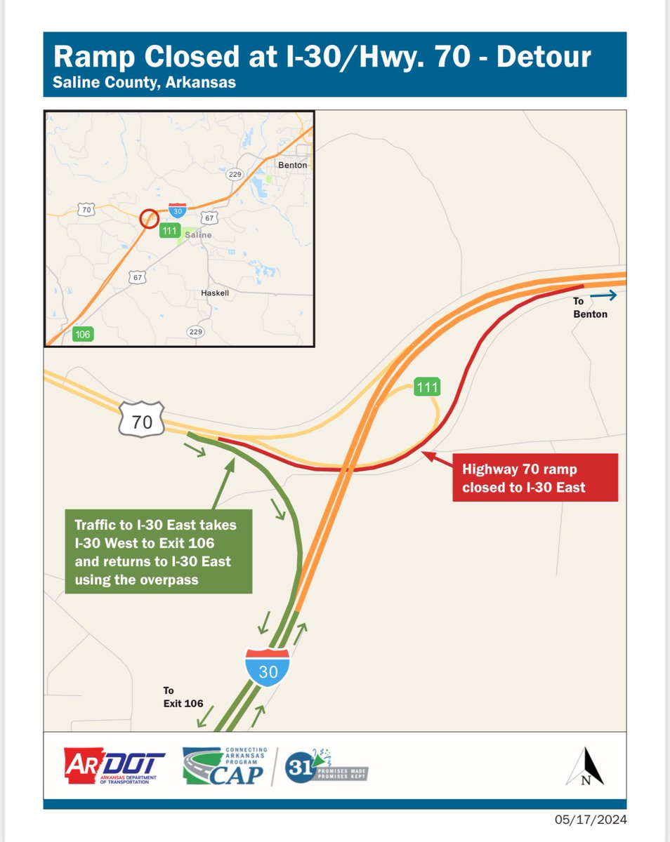 There will be an overnight closure of the Highway 70 ramp to I-30 east in Saline County Monday night, May 20 through Tuesday morning, May 21. See news release and detour map for details.