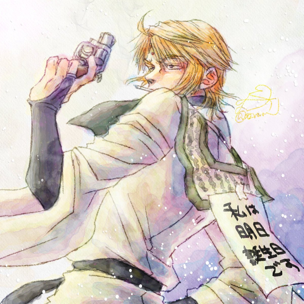 solo blonde hair 1boy holding male focus weapon japanese clothes  illustration images