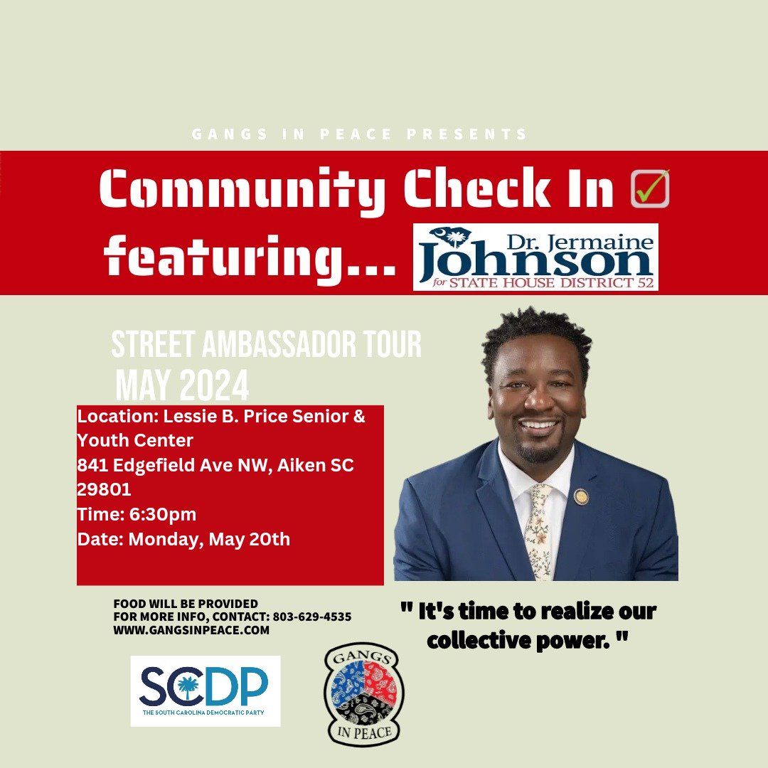 💥Calling all my Aiken folks! We are back on the tour tomorrow. Join us at 6:30pm at the Lessie B. Price Senior and Youth Center in Aiken, SC. 💥 #scpol #gangsinpeace #new52 #CommunityCheckIn
