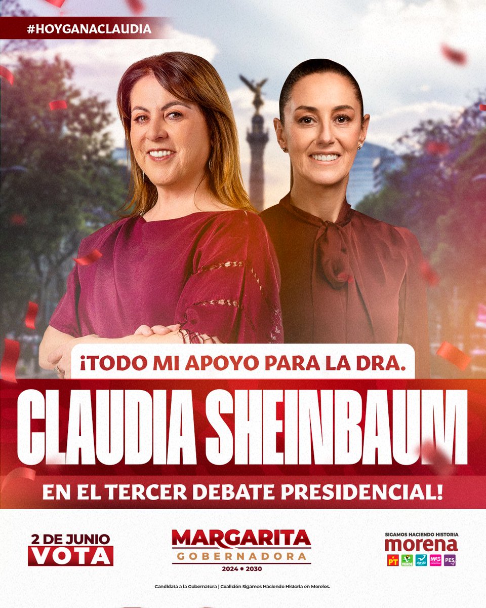 Hoy México está con la Dra. @Claudiashein en este tercer debate presidencial. Es el momento de la Revolución de las Conciencias para consolidar el Segundo Piso de la Cuarta Transformación de la vida pública. El cambio verdadero está en Morena. #HoyGanaClaudia #ClaudiaPresidenta