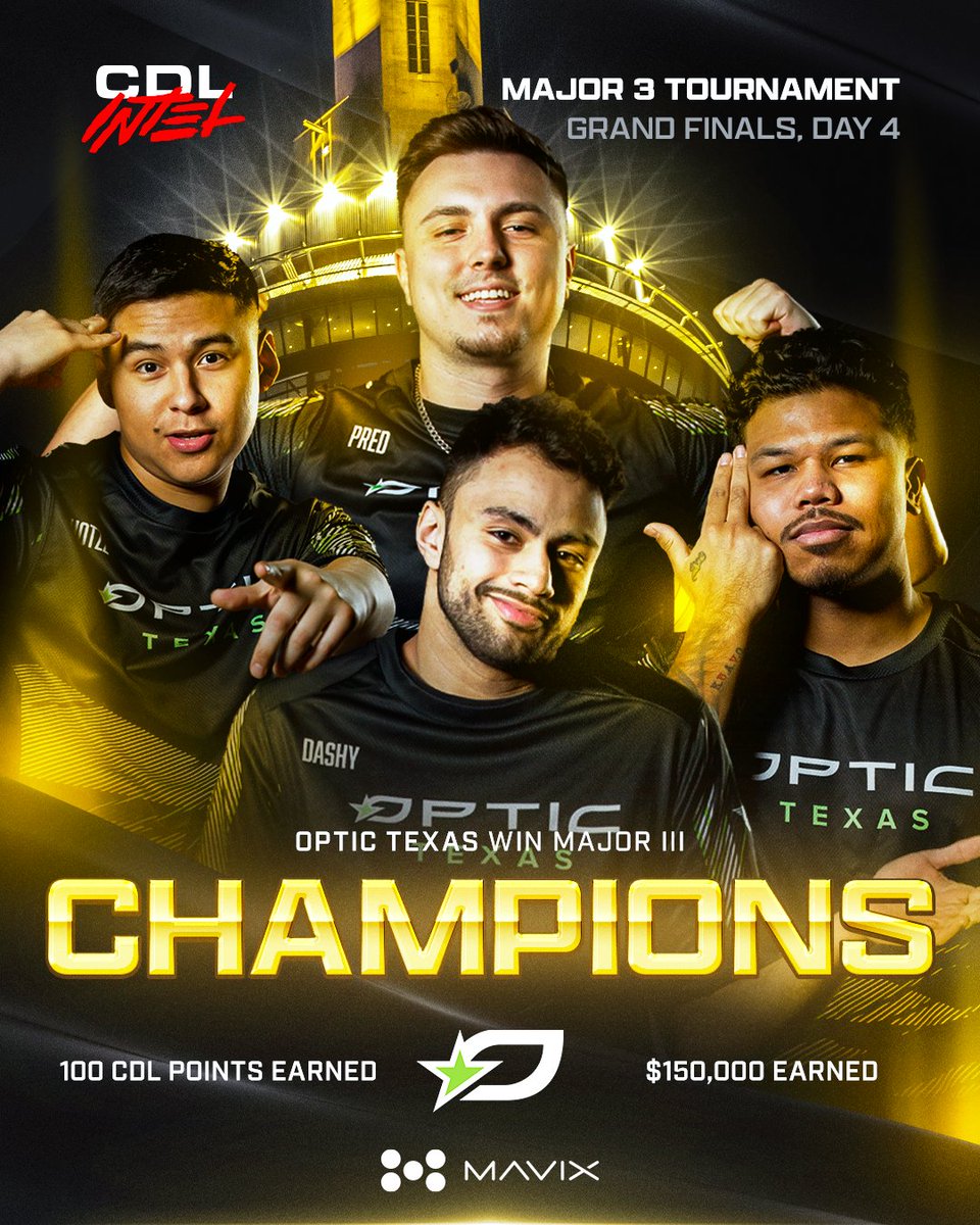Through the gauntlet of top teams 🏆

OpTic TEXAS — MAJOR III CHAMPIONS.  

<a href="/DashySZN/">brandon</a> | <a href="/Kuavo/">🇵🇭Kenny</a> | <a href="/Pred/">Pred</a> | <a href="/Shotzzy/">OpTic Shotzzy</a>