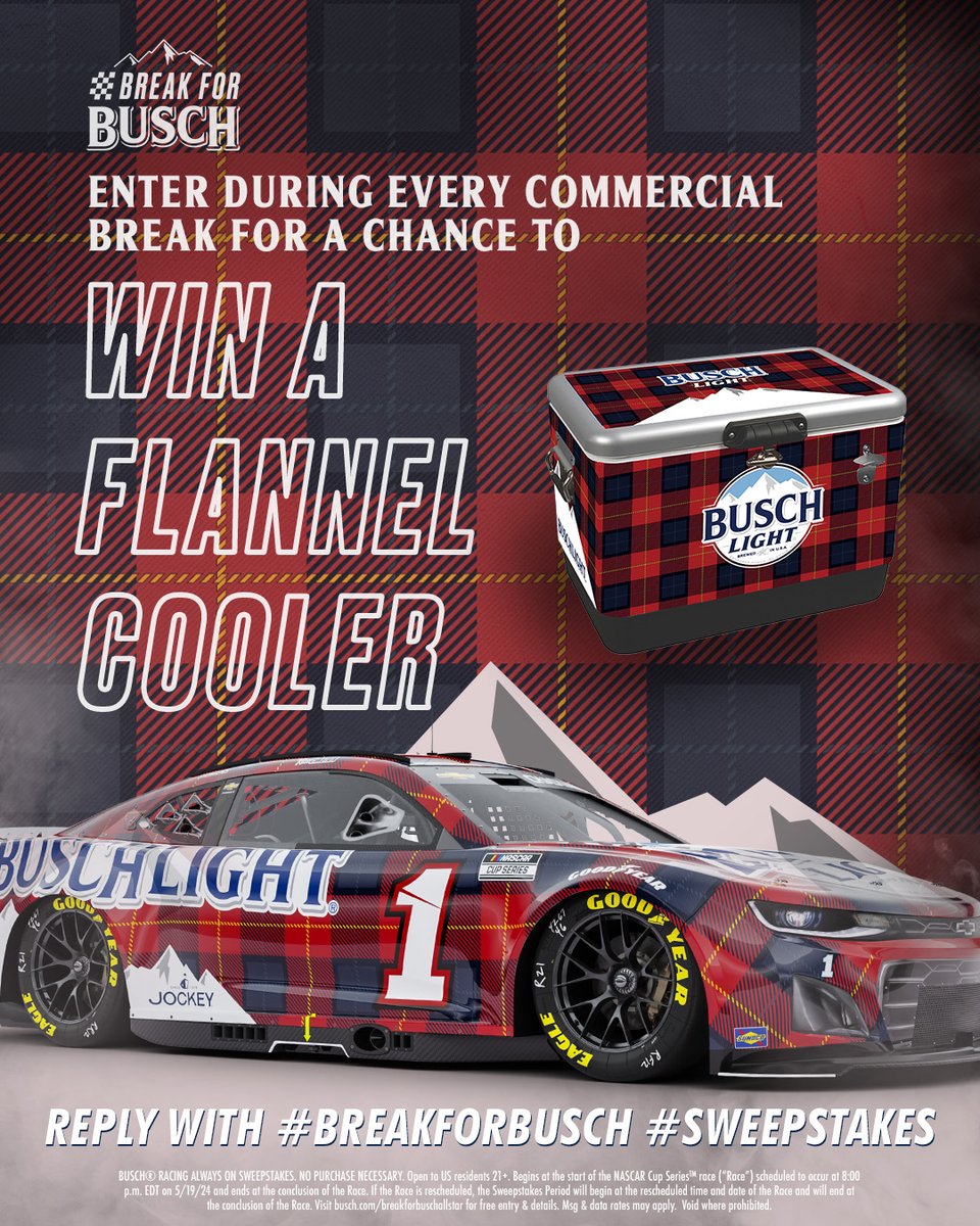 THE FLANNEL CAR IS OFFICIALLY RACING 🔥@NWBSpeedway​

Get ready to reply during the #AllStarRace ​commercial breaks using #BreakForBusch #Sweepstakes for a chance to win a matching FLANNEL COOLER.