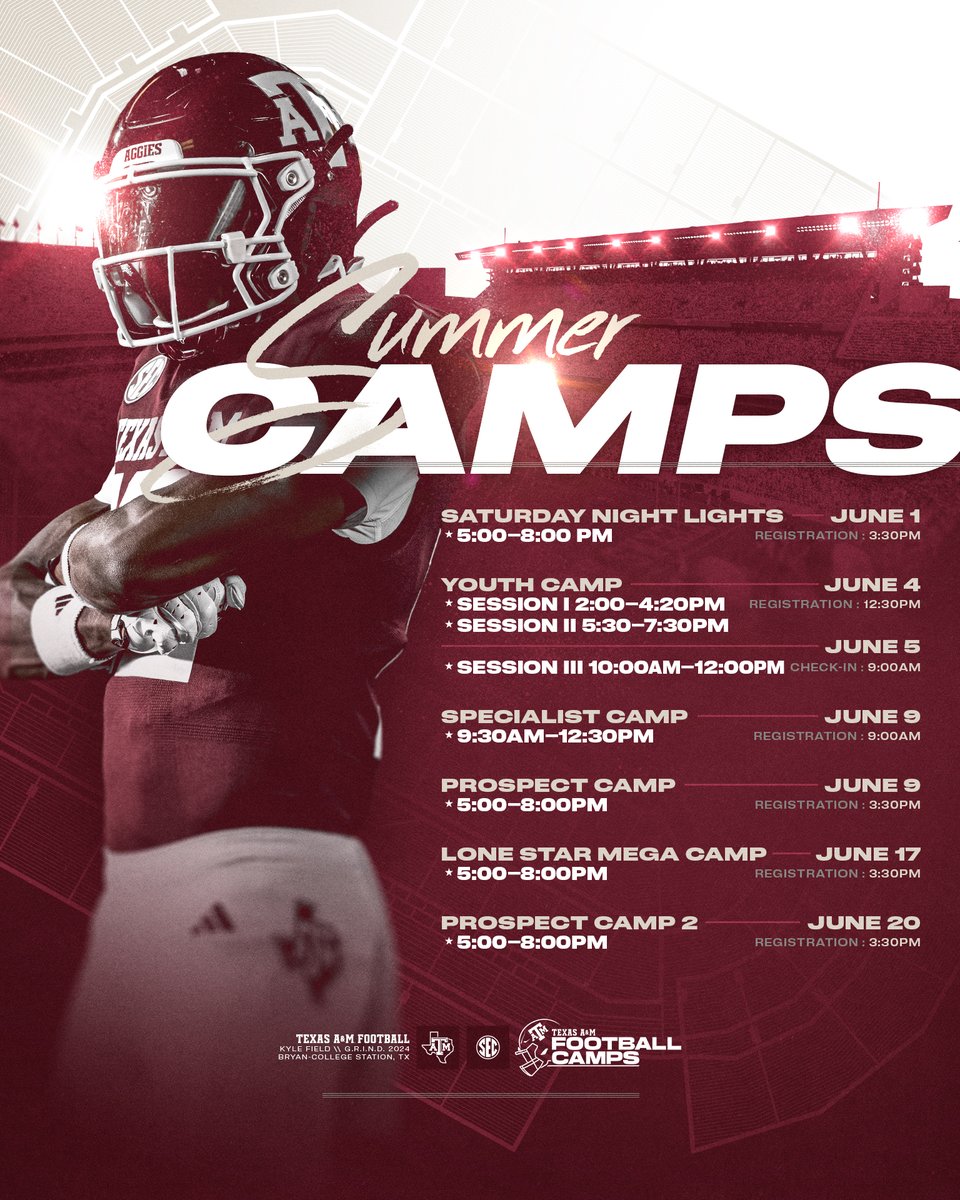 Spots going fast in this summer's camps...grab yours today! ➡️ 12thman.com/footballcamp #GigEm
