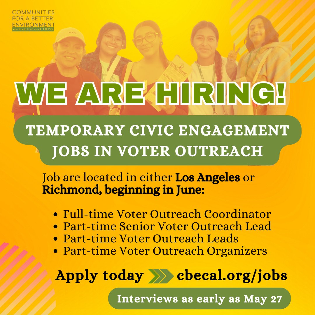 Positions for CBE's Voter Outreach team are now open. *Positions begin in June + end in December. cbecal.org/jobs 🔗 #Richmond #EastOakland #Wilmington #SoutheastLosAngeles