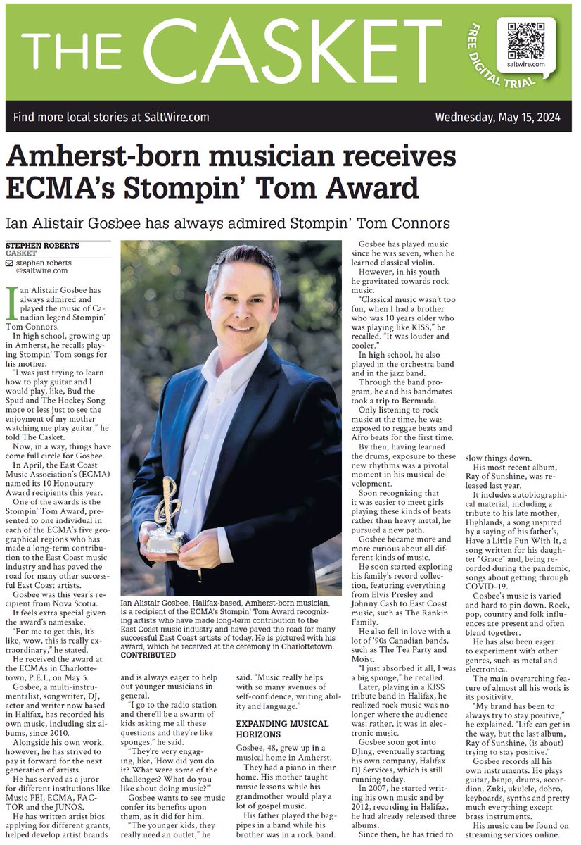 gosbee's tweet photo. A huge thank you to Stephen Roberts at Saltwire for the fantastic interview and for writing an article about me receiving the honorary Stompin' Tom ECMA Award. Your support means a lot!  Article here: https://t.co/oX6ZMMlfGH and screen shot.  #ECMA @ecmaofficial @musicnovascotia https://t.co/x3jSpRCCHg