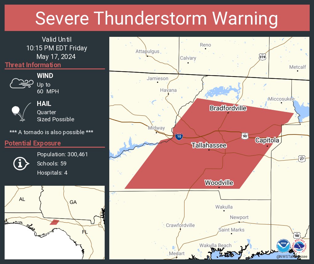 Severe Thunderstorm Warning continues for Tallahassee FL, Woodville FL and Chaires FL until 10:15 PM EDT