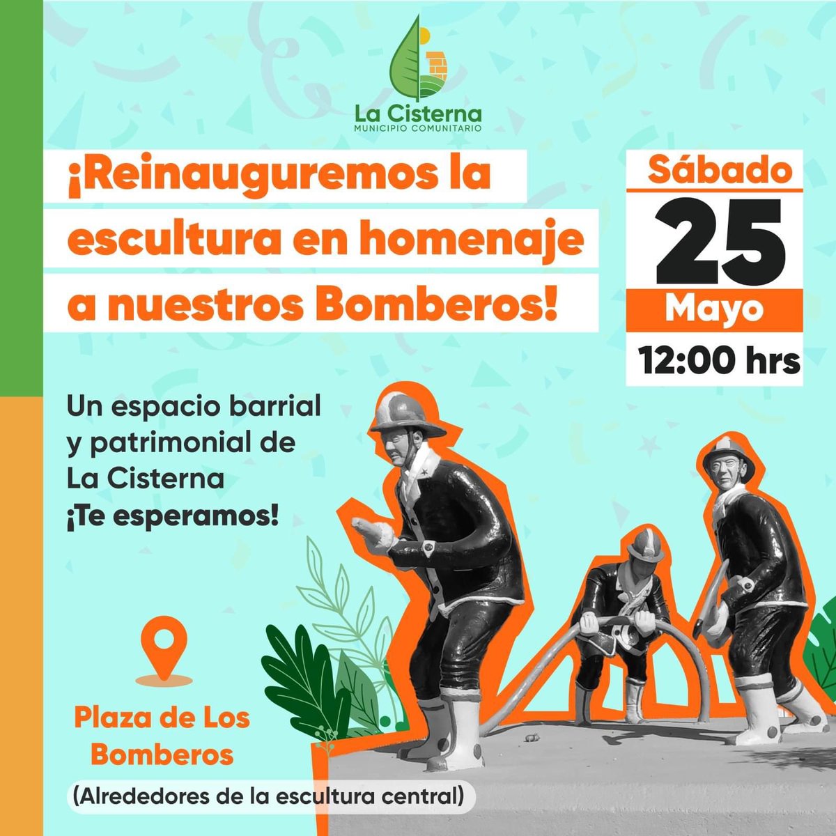 [¡ACOMPAÑANOS!] Estimado vecino del sector @Muni_LaCisterna , te invitamos a la reinauguración de la Plaza de los Bomberos, en Avda. Pedro Aguirre Cerda, este sábado 25 de mayo, a las 12:00 horas. ¡Te esperamos! 🚒🚒🚒