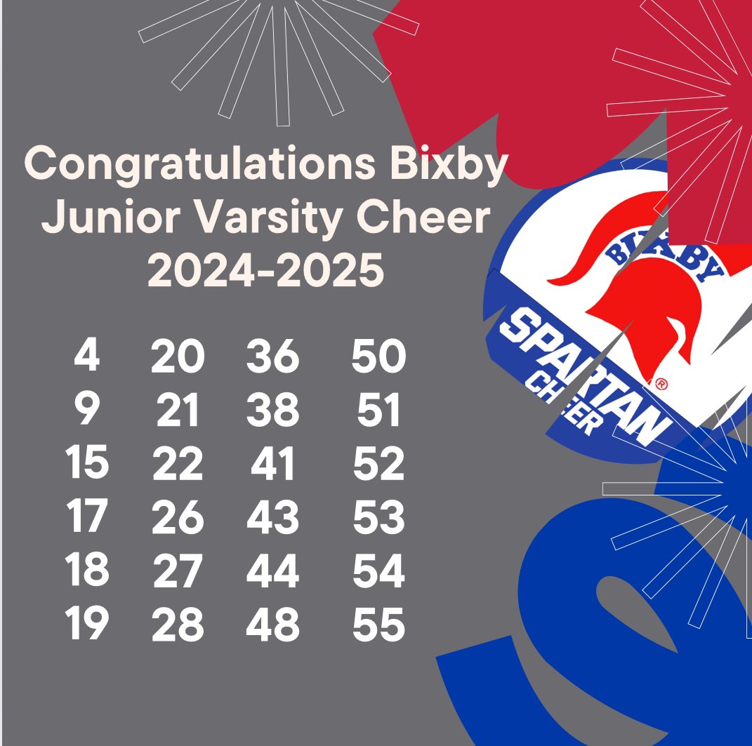 Congratulations to our 2024-2025 Bixby Spartan High School Cheer Teams! We are excited for an amazing year! ❤️💙
Don’t forget about our parent meeting May 20th at 6:00pm at the 9th Grade Center Cafeteria!

#PlayLikeChampions | #bixbyspartans | #spartanspirit | #letsgospartans