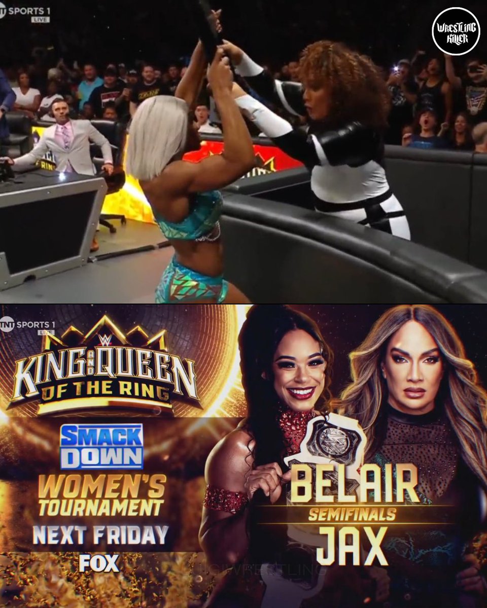 Nia Jax advanced to the Queen Of The Ring semi-finals by way of a disqualification after Jade Cargill hit het with a chair. Bianca Belair vs Nia Jax next week! #SmackDown #WWEKingAndQueen
