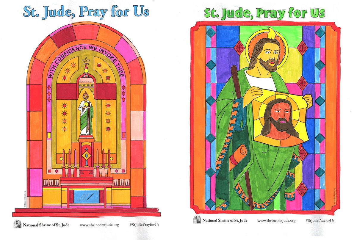 Download our National Shrine of St. Jude coloring pages and get creative! bit.ly/shrinecolor 

Share finished coloring pages, and be sure to tag us @shrineofstjude and use #StJudePrayforUs 💚