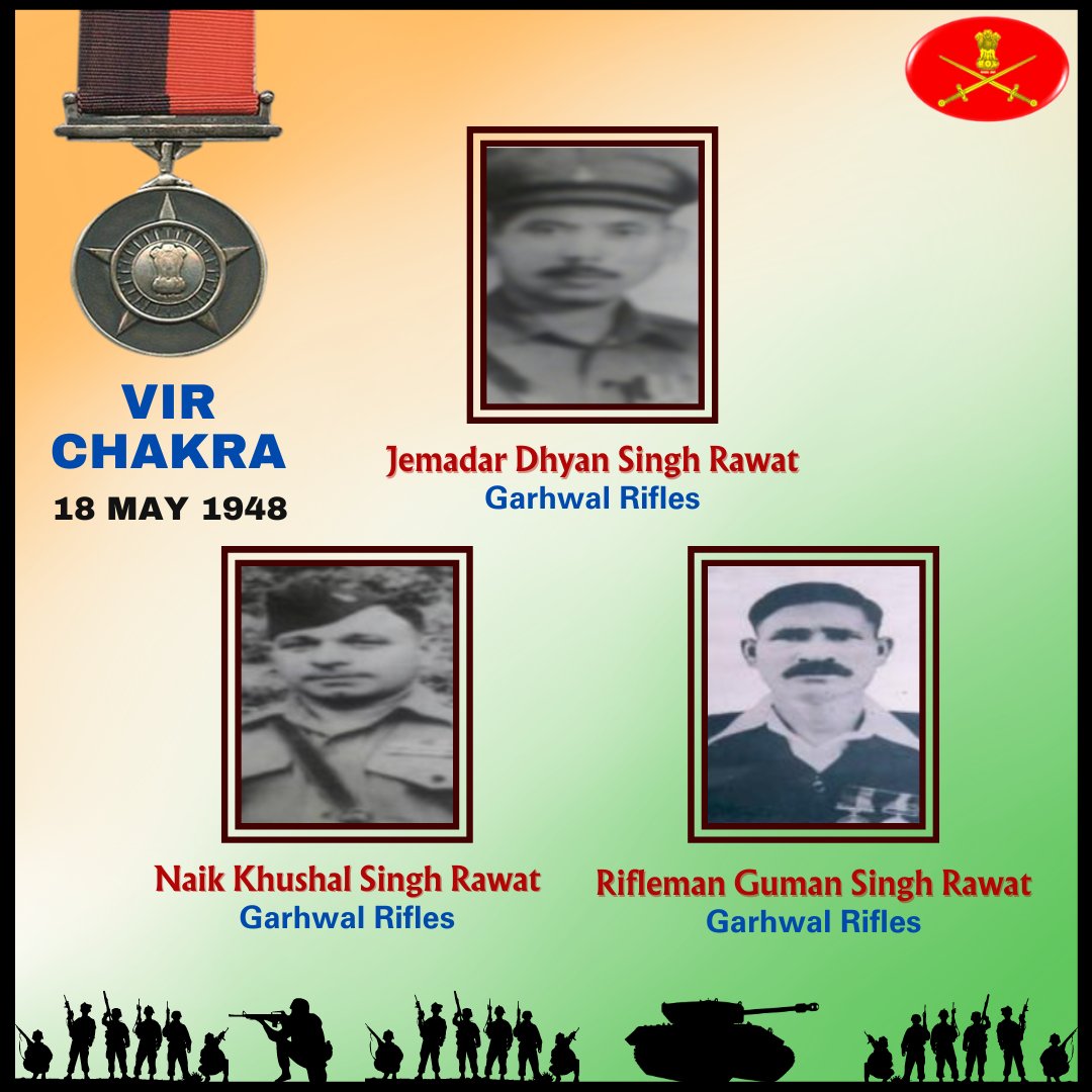 18 May 1948 Jammu and Kashmir Jemadar Dhyan Singh Rawat, Naik Khushal Singh Rawat & Rfn Guman Singh Rawat displayed outstanding courage & bravery in the face of the enemy. Awarded #VirChakra. gallantryawards.gov.in/awardee/1303 gallantryawards.gov.in/awardee/1390 gallantryawards.gov.in/awardee/1808