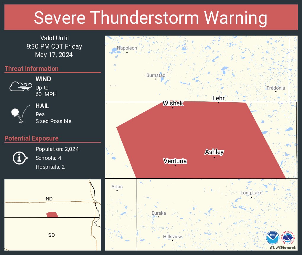 Severe Thunderstorm Warning continues for Wishek ND, Ashley ND and Lehr ND until 9:30 PM CDT