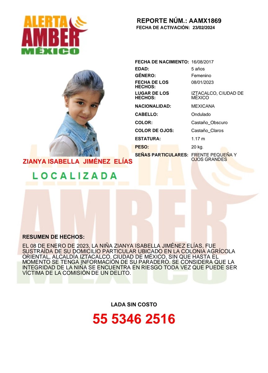 La #AlertaAMBER para la niña ZIANYA ISABELLA JIMÉNEZ ELÍAS de 06 años, se desactiva debido a su localización. ¡Gracias por tu apoyo!