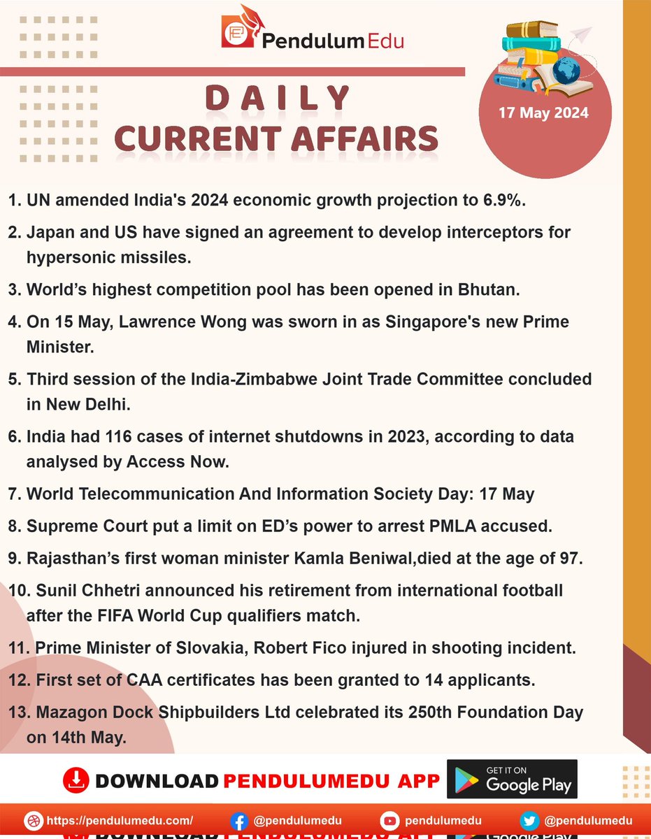 🌹Current Affairs🌹

Here 👇👇 is the important Current Affairs of 17th May, 2024. 

#UPSC #TSPSC #APPSC #KPSC
 #RPSC #GPSC #NPSC #TNPSC
     #CurrentAffairs #May #GS
 (Data courtesy: #PendulumEdu)