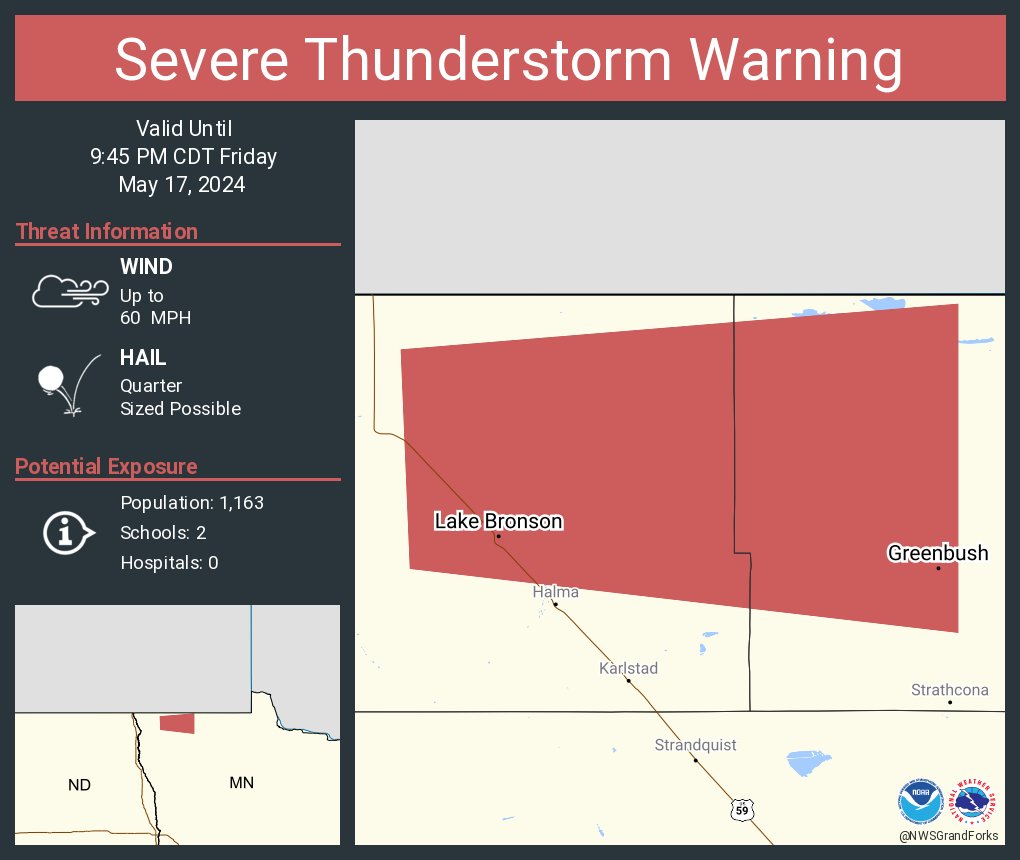 Severe Thunderstorm Warning including Greenbush MN and Lake Bronson MN until 9:45 PM CDT