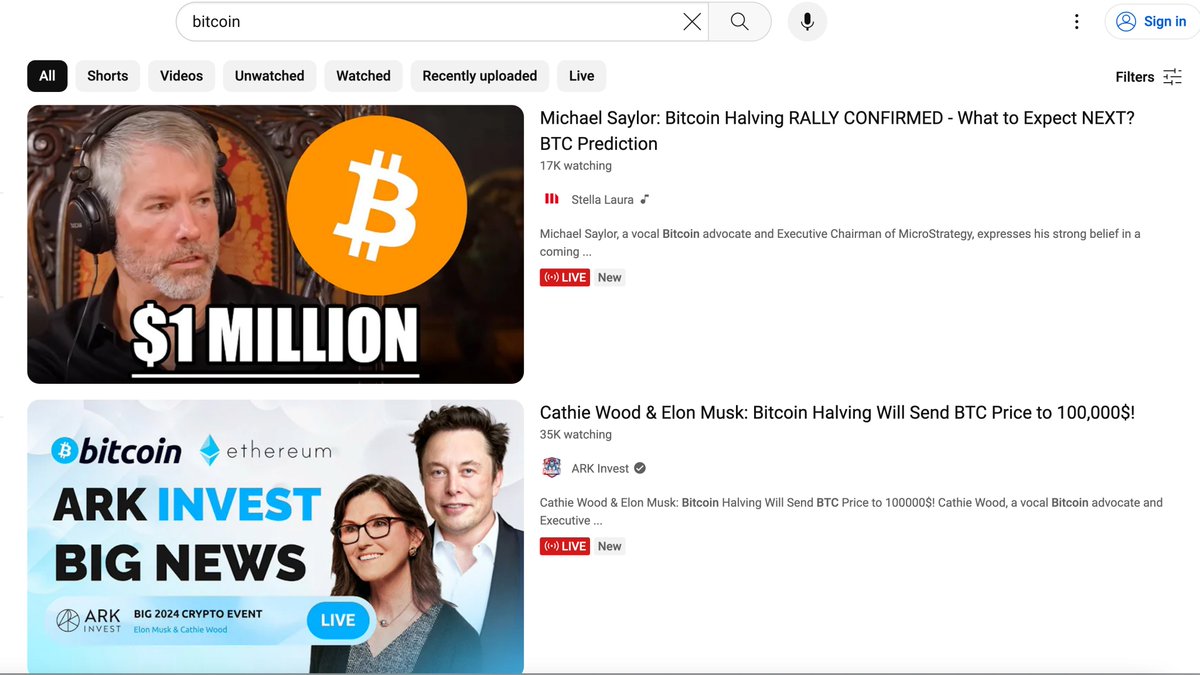 🚨🚨🚨 Attention @TeamYouTube, currently when you type in 'Bitcoin' into the YT search, TWO BIG SCAMS come up collectively with over 52,000 live viewers right now. Please do something about this, and give me my channel back you terminated 5 days ago under false pretenses. Target