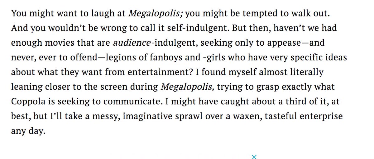 Love this little bit from Stephanie Zacharek's Megalopolis review