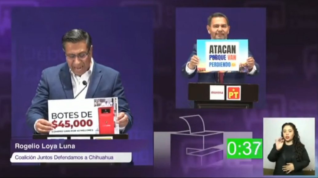 @CruzPerzCuellar tomó com defensa su cartulina y el insulto al candidato @RogelioLoya03 que le mostró los sobreprecios y las falsas 'intervenciones a escuelas en Cd. Juárez', dinero oscuro, pues los recursos no llegaron ni al 40% de lo fijado. De Corrupto señaló al morenista. Uff