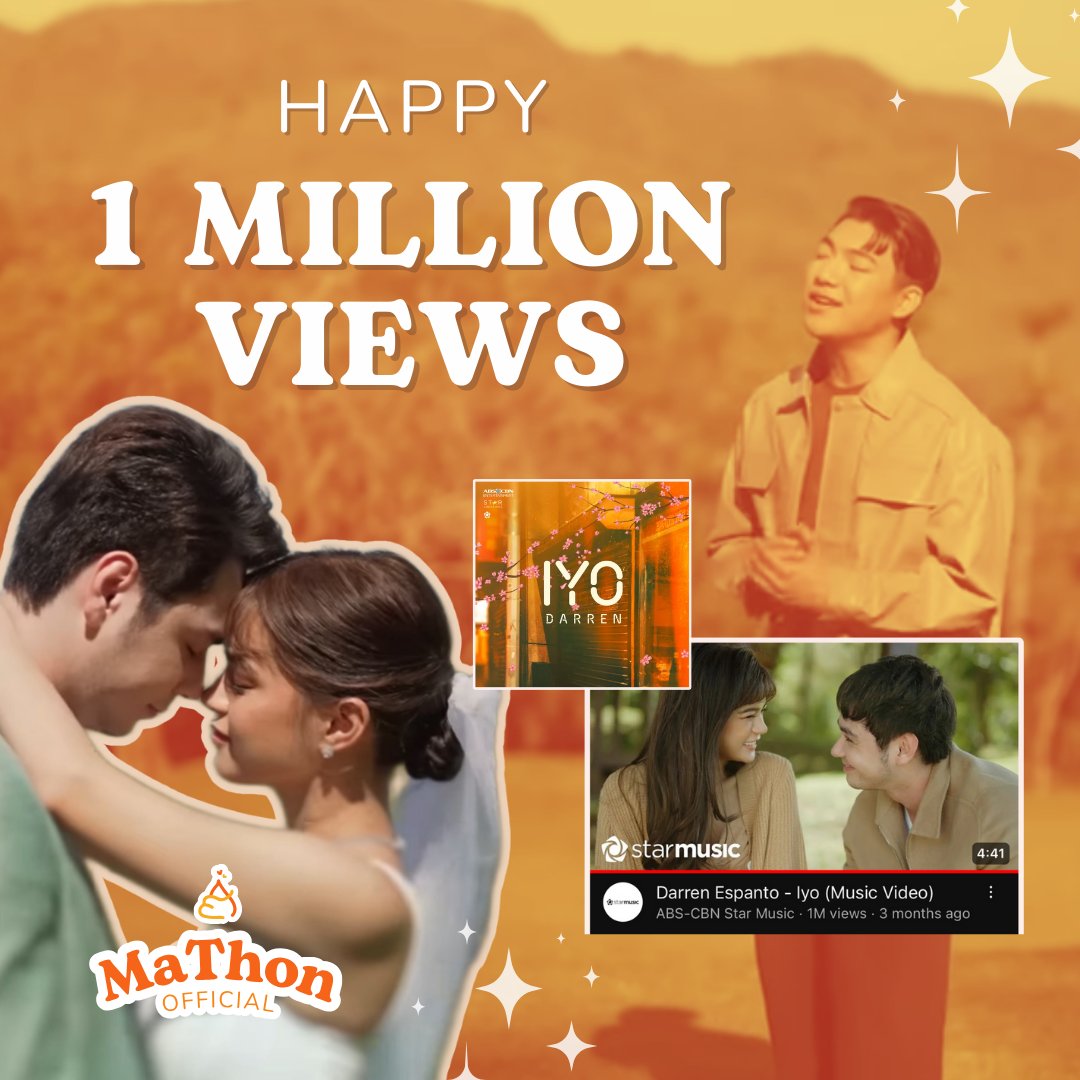 Congratulations to @espanto2001 and the team on hitting 1 million views for the Iyo MV! Another #MaThon milestone achieved! 🧡💛

Let's continue our support by watching the MV on Youtube! 

🔗 youtu.be/8bzRhjFBT_I?si…

#MarisRacal #AnthonyJennings
@Ajenningss_ @MissMarisRacal