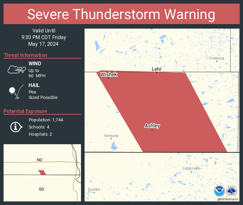 Severe Thunderstorm Warning continues for Wishek ND, Ashley ND and Lehr ND until 9:30 PM CDT